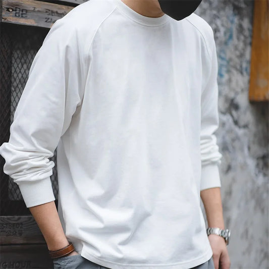 100% Cotton Loose Crew Neck Long Sleeve T-shirts Men's 230g Thin Breathable Tee Shirt Basic Solid Color Oversized Tops
