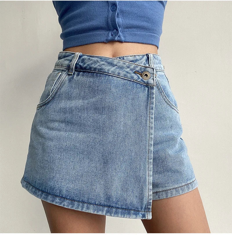 2026 Summer Women High Waist A-line Shorts Light Color Fake Two-piece Design Elegant Slimming Hot Girl Pants Denim Short Skirt