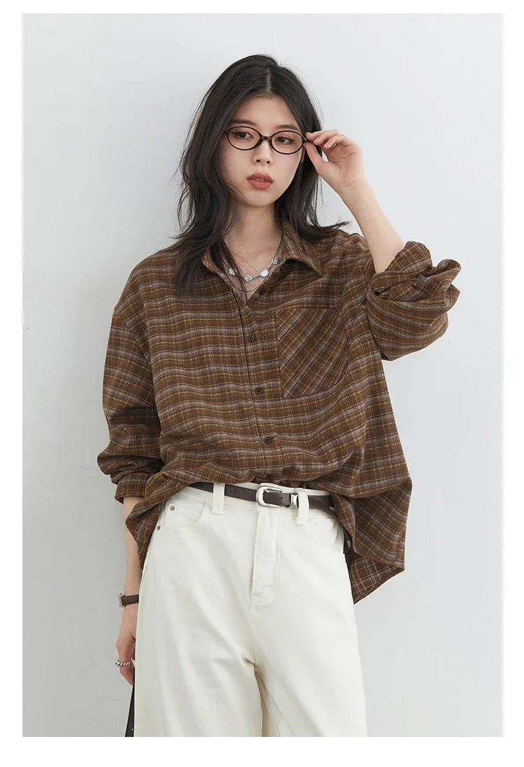New Women Shirt Loose Casual Long Sleeved Vintage Thick Sanding Female Plaid Blouses Single-breasted Autumn Winter 2026