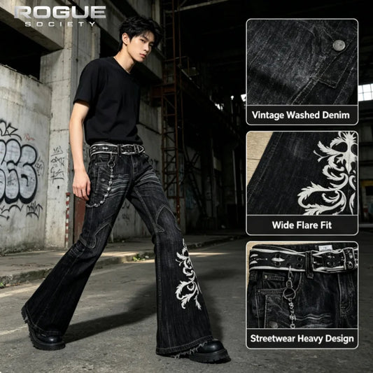 Summer Streetwear Embroidered Flare Jeans Men Y2K Retro Gothic Punk Casual Harajuku Distressed Vintage Black Denim Pants Unisex