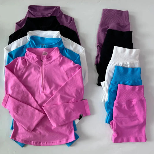 Long Sleeve Yoga Set for Women, High Waist Running Shorts & Top Workout Outfit, Seamless Gym Clothes 2 Piece Set, Fitness Loung