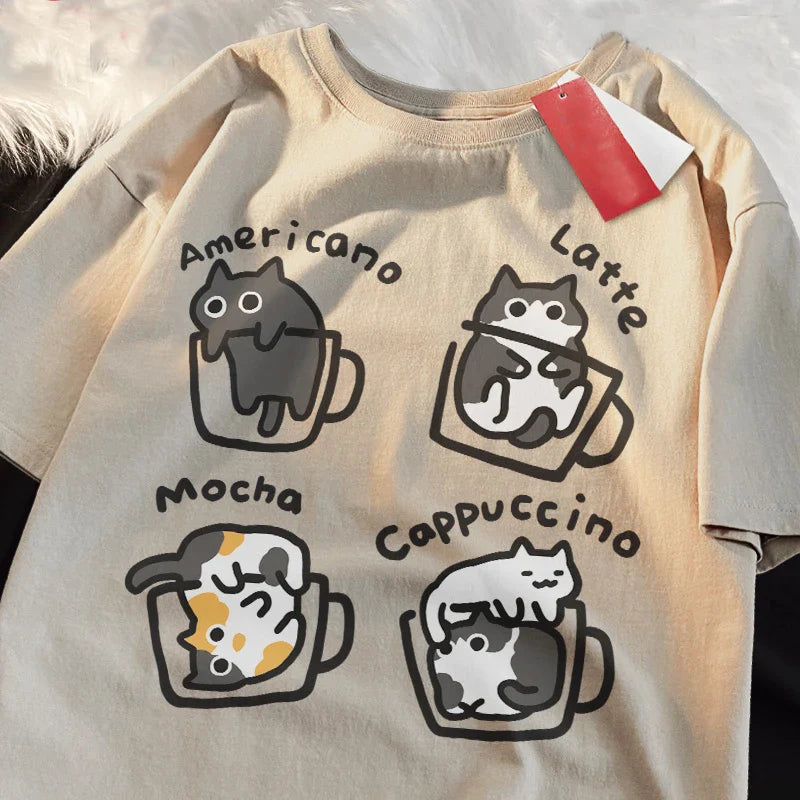 Cat Coffee Pure Cotton Trendy Summer Loose Short Sleeved T-shirt Men Women Original Mocha Latte Cat Three Flowers Fun Cat Tees