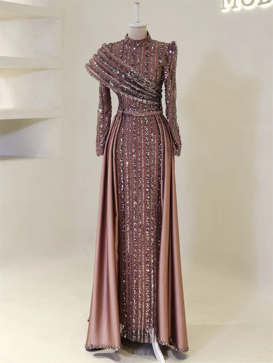 Contessa Dubai Customized A-Line Prom Dresses Elegant Long Sleeve vestidos de noche Glitter Beaded hemline Formal Evening 2025