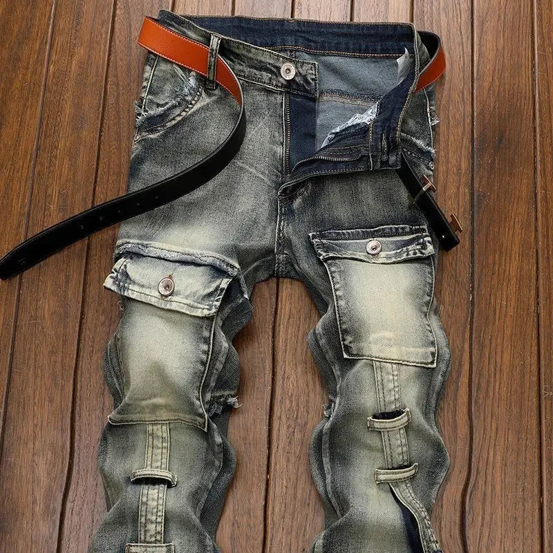 High Quality Fashion Luxury Retro Men's Denim Jeans Korean Style Vintage Casual Punk Motorcycle Designer Riding Cargo Jeans