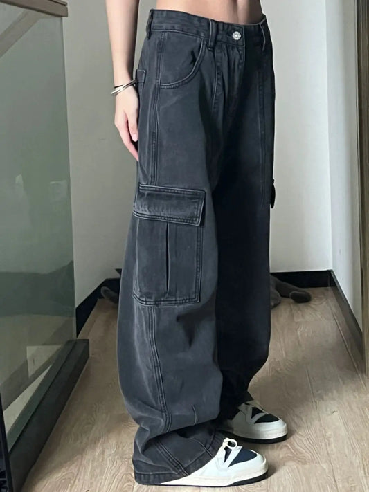 American Vintage Cargo Pants Women Retro Vibe Style Loose Fit Multi Pocket Denim Trousers Casual Straight Leg Workwear Fashion