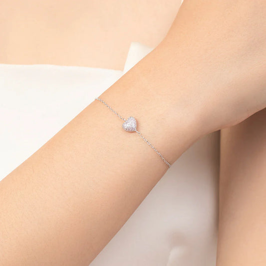 Bracelet Réglable Femme Cœur Zircon Rose Clair en Argent Sterling 925 - Maillons de Chaîne - Bijoux - Cadeau Romantique Anniversaire