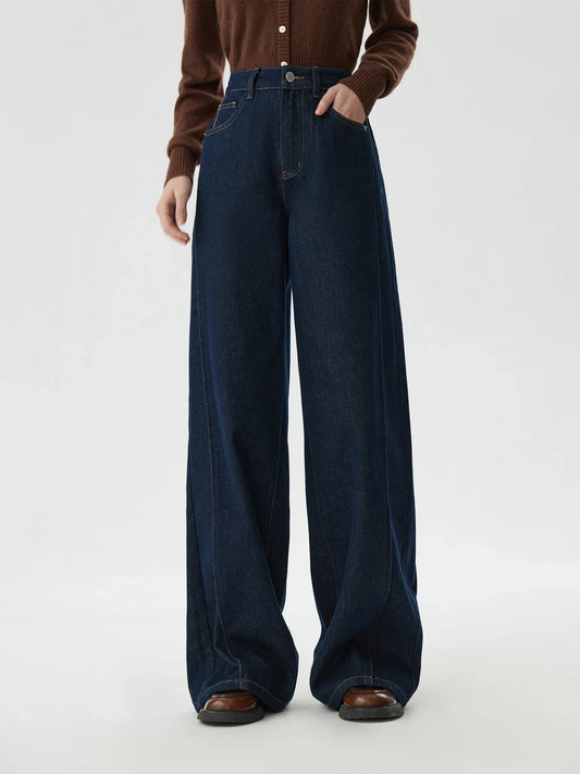 FSLE 2025 New Arrival Women Jeans High Waist Cotton Wide Leg Trousers Dark Denim Blue Loose Floor Length Female Jeans Streetwear