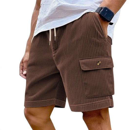 Summer Men Corduroy Cargo Shorts Multi-pocket Drawstring Casual Solid Color Knee-length Workwear Shorts Outdoor Street Style