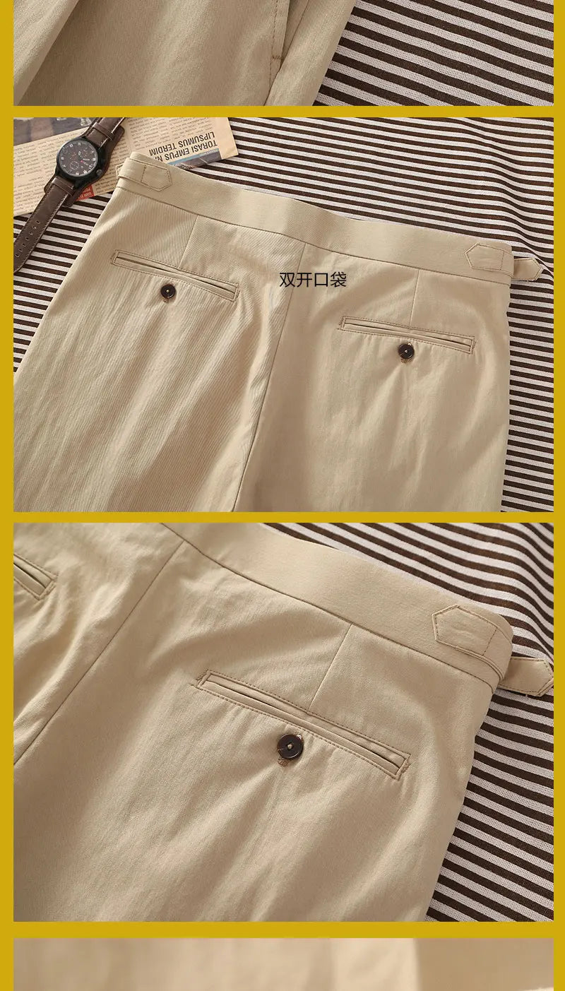 Casual style, blended fabric, men's light khaki twill relaxed straight-fit casual pants with Parisian button, cotton