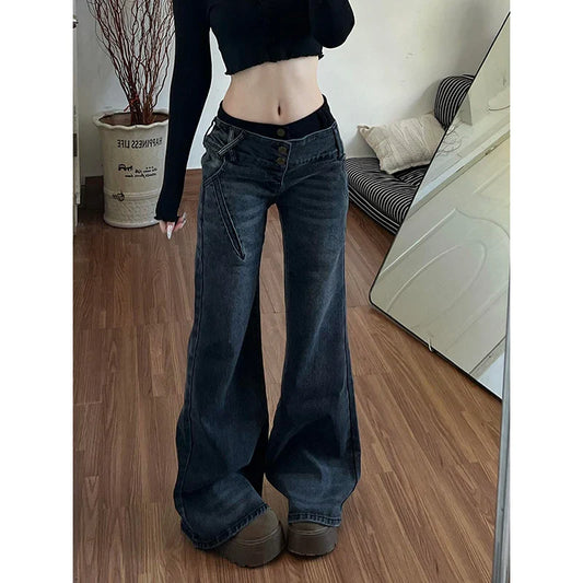 Women's Y2k Baggy Flare Jeans Harajuku Japanese 2000s Style Patchwork Denim Trouser Vintage Oversize Cargo Jeans Pants Clothes