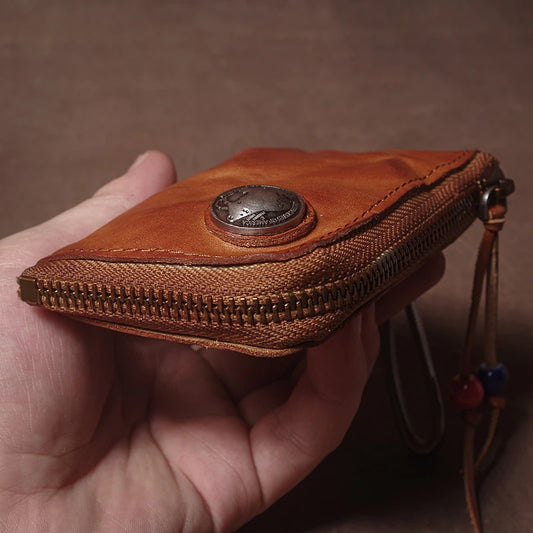 Sac à clés de voiture en cuir véritable de haute qualité, style rétro, fait main, en cuir de vachette, porte-monnaie, portefeuille zippé, mini porte-cartes pour femmes.
