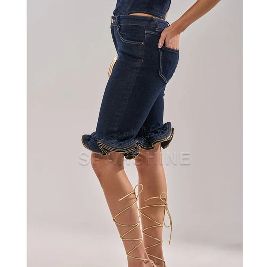 Casual High Waist Denim Shorts Women Fashion Ripped Wave Ruffle Hem Slim Fit Jeans Shorts Streetwear Trendy Slimming Shorts