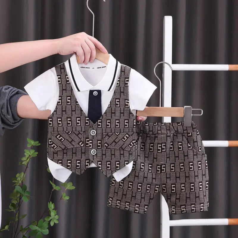 Children Boys Cotton Clothes Outfits Gentleman Tie Patchwork Vest T-Shirt 2pcs/Set Toddler Kids Clothing Sets Suit 0-5 Years