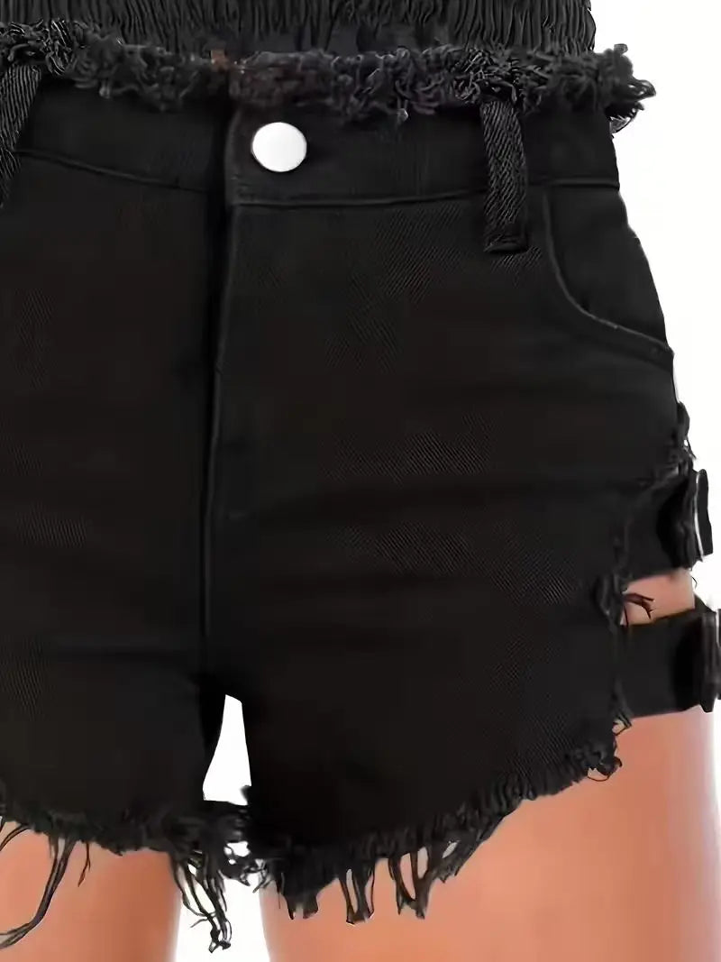 Women's Black Denim Shorts Low Waisted Frayed Hem Adjustable Buckle Straps Cutout Sexy Clubwear Party Mini Hot Pants