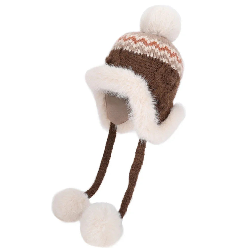 New Thick Warm Women Winter Hat Skullies Beanies Knitted Fur Hat Three Fur Ball Beanie Hat Female Earflap Cap Russian Hat