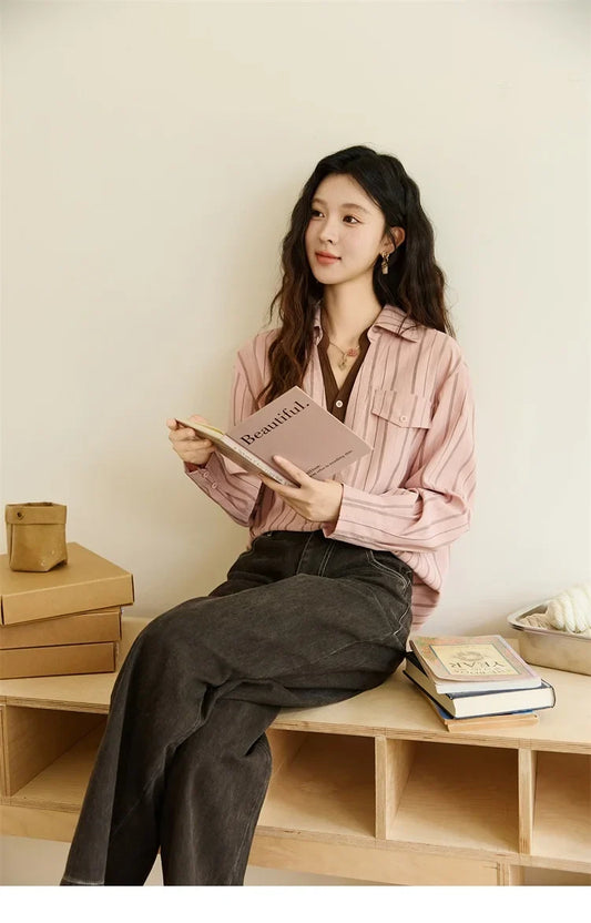 Peach Skin Velvet Stripe Shirt for Women Autumn 2025 Double Layered Collar Contrasting Color Shirt Commute Top MXE47C2408