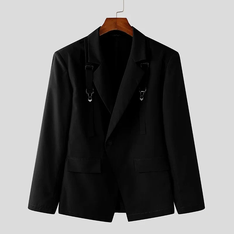 Fashion Well Fitting Tops New Men's Deconstruct Metal Buckle Suit Coat Casual Streetwear Male Solid Long Sleeved Blazer