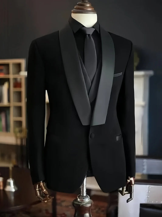 Elegant Black Men's 3 Pieces Suit One Button Shawl Lapel Jacket Vest Pants Dinner Wedding Tuxedos Slim Fit Formal Business Suits
