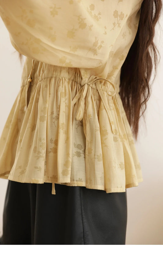 Elegant Woman Shirt 2025 Autumn Yellow Printing Lantern Sleeves Shirt Commute Drawstring Waist Lace Trim Top MXE45X2499