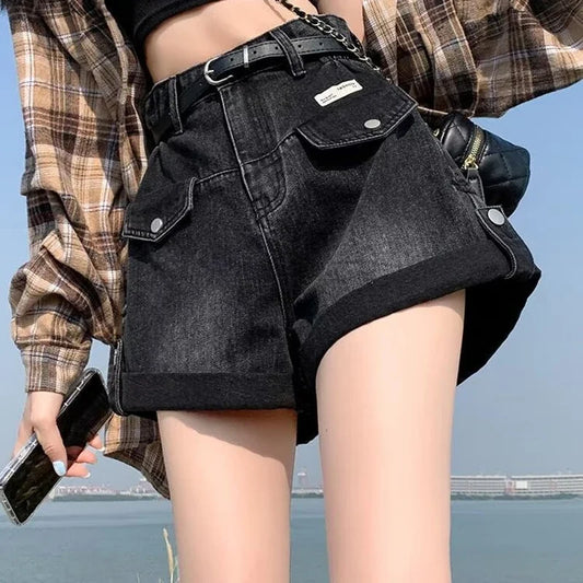 2024 Summer Women Shorts Pants Lady High Waisted Loose High Street Denim Pants Female Streetwear Black Gray Wide Leg Short Jeans