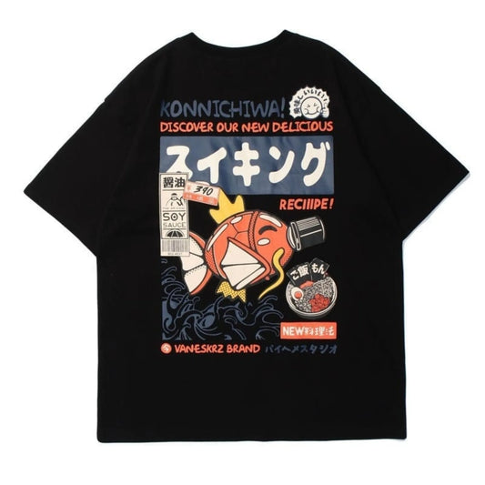 Japanese Streetwear T-shirt Men Koi Fish Soy Sauce Print Casual Women Short Sleeve Tee Summer 2025 Anime Fashion Y2k Clothes