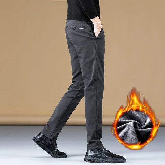 Stretch Fleece Casual Pants Men Korean Thickened Straight Thermal Velvet Pants Male Winter Business Soft Slim Fit Trousers