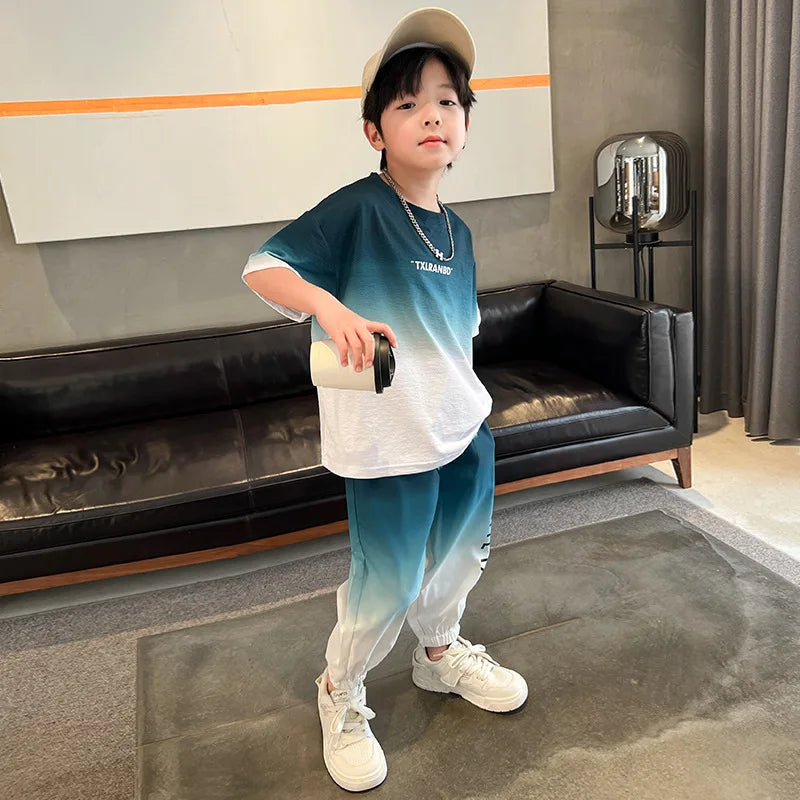 Summer Boys Gradient Contrast Alphabet t-Shirt Tops+Pant Workout Sets School Kids 2PCS Tracksuit Children Jogger Outfits 5-16 Yr