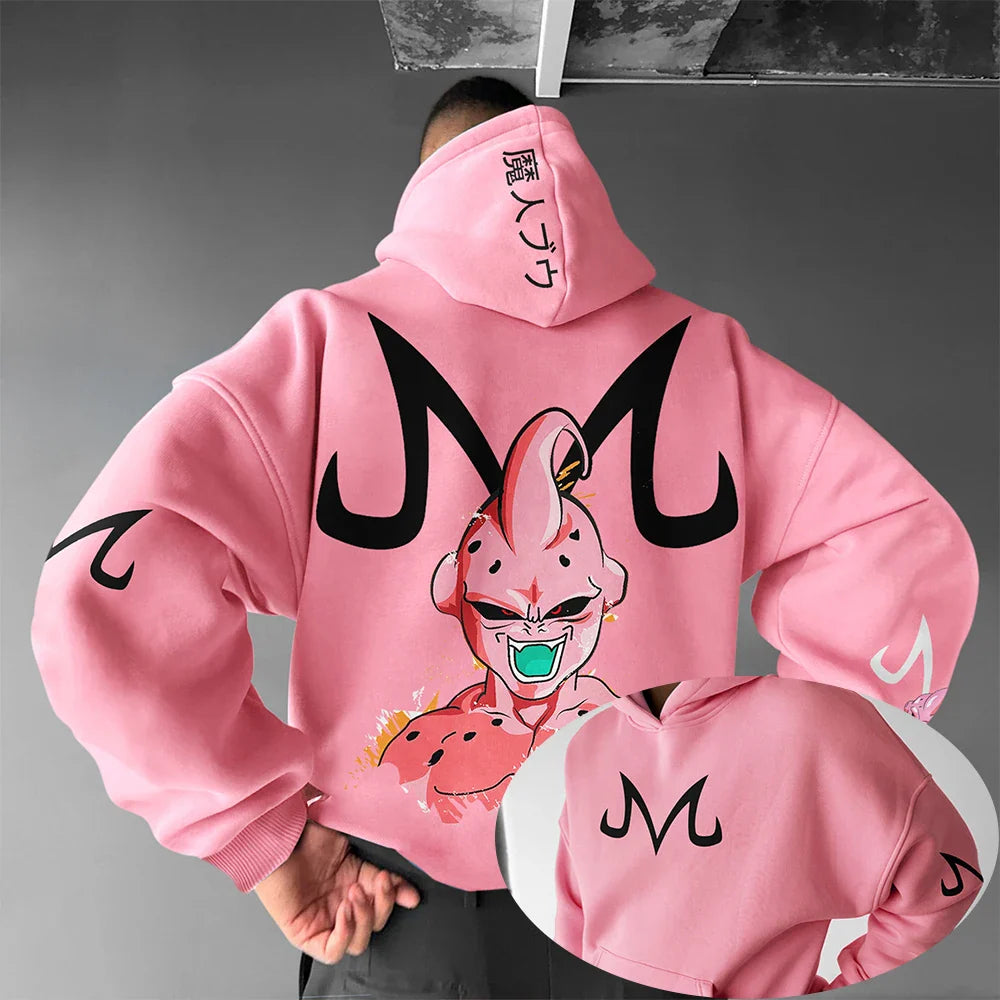Dragon Ball Z Majin Buu Pink Hoodie Men Anime Streetwear Cosplay Sweatshirt with Japanese Print Casual Pullover for Fans Fashion