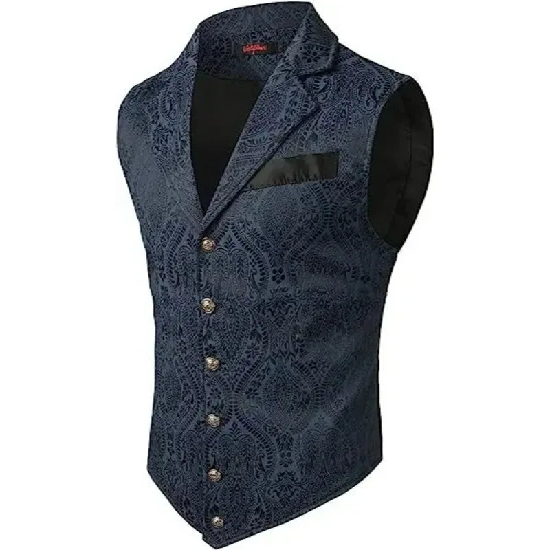 Men Suit Vests Steampunk Gothic Printed Turn Down Collar Waistcoat Male Slim Sleeveless Stage Party Casual Vests