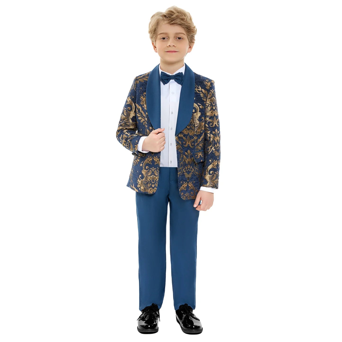 Boy's Suit Set 3 Pieces Luxury Gold Paisley Kids Formal Tuxedo Wedding Ring Bearer Prom Outfit Stylish Child Suits Jacket Pants