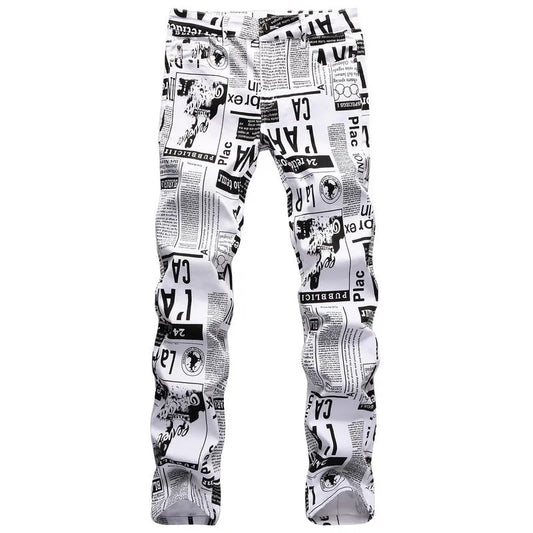 2026 Street Style Men’s Slim Stretch Jeans Trend Newspaper Full Print Personalized Stylish Sexy Denim Pants Men Casual Trousers