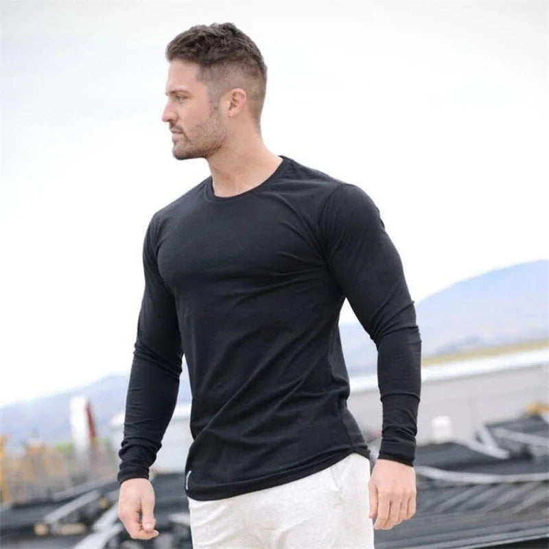 Plain Autunm Cotton Long Sleeve T-shirts Gym Clothing Bodybuilding Fitness Clothing Mens Casual Fashion Slim Fit Sports Shirts