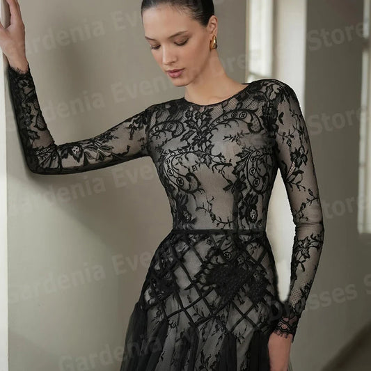 Beautiful A Line Women's Evening Dresses O Neck Prom Gowns Customized Long Sleeve Lace فساتين للمناسبات الخاصة Robe De Soirée