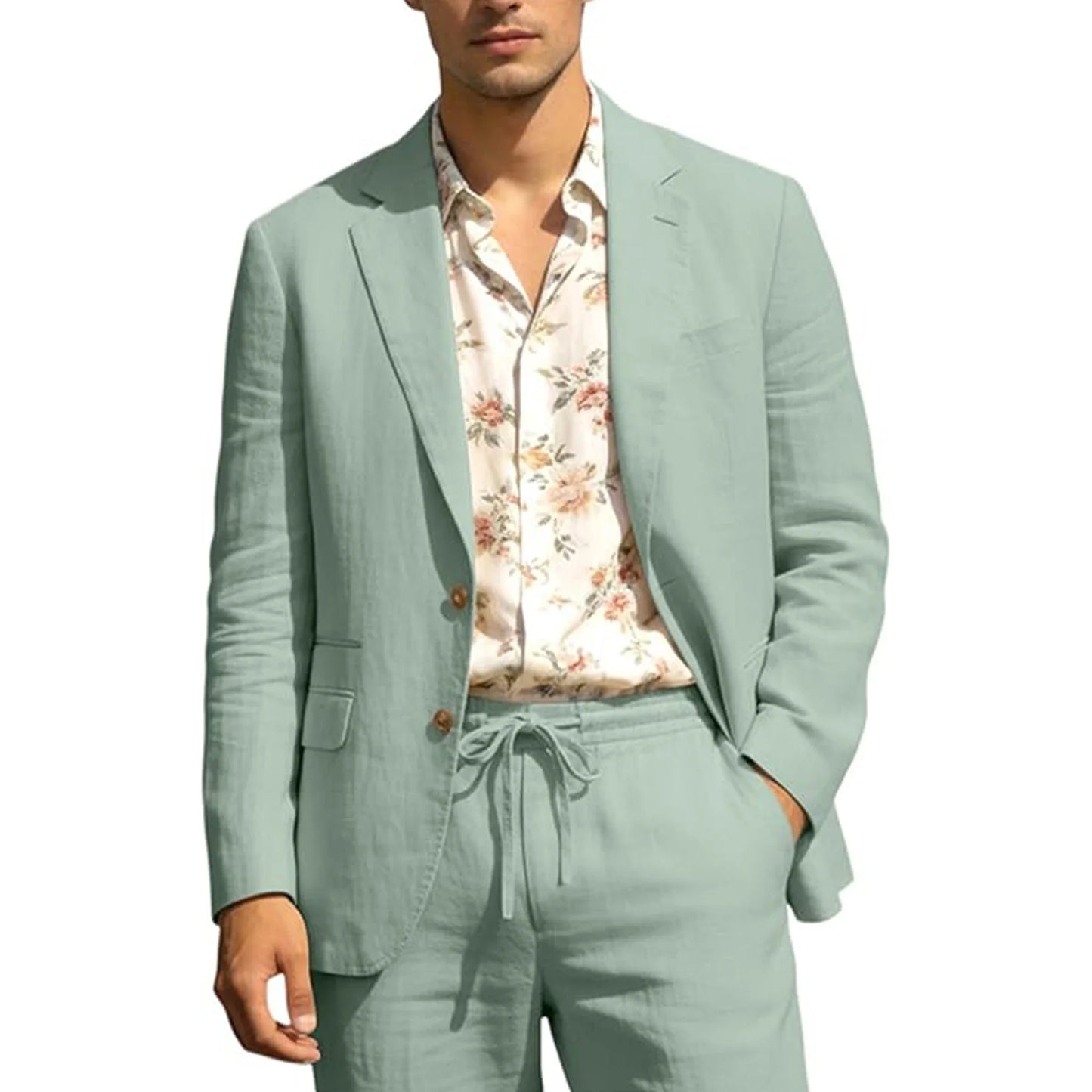 Men's Linen Suit 2 Piece Set Blazer & Drawstring Pants Business Casual Suit Jacket Trousers Summer Beach Wedding Formal Outfit