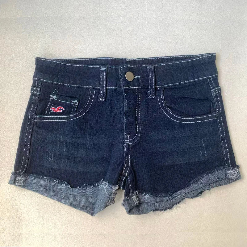 Summer Korean Sexy Low Waist Women Denim Shorts American Lady Y2K Elastic Slim Fit Hot Pants Female Embroidery Wrapping Jeans