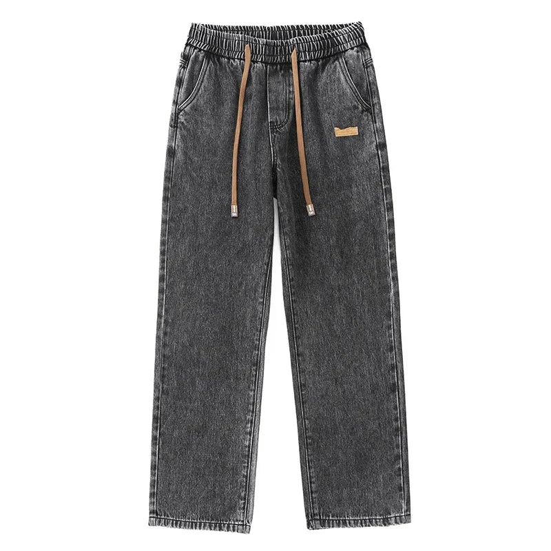 Men Dark Blue Blue Stretch Elastic Waist Denim Pants Streetwear Loose Full Length Trousers Straight Wide Leg Drawstring Jeans