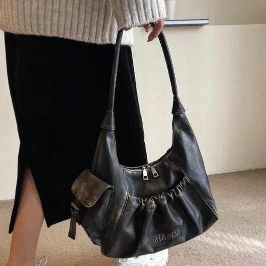 Distressed Vintage Shoulder Bags Women Pleated Y2K Design Large Capacity Retro Hobo Bag 2025 New Designer Handbags Luxury
