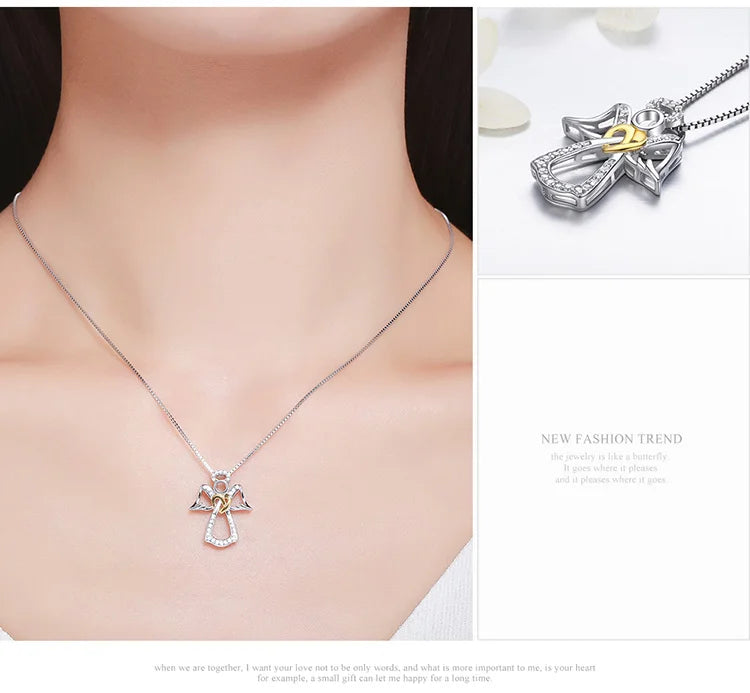925 Sterling Silver Guardian Angel Pendant Necklace Angel Wing Chain for Women Dazzling Zircon Luxury Jewelry SCN123