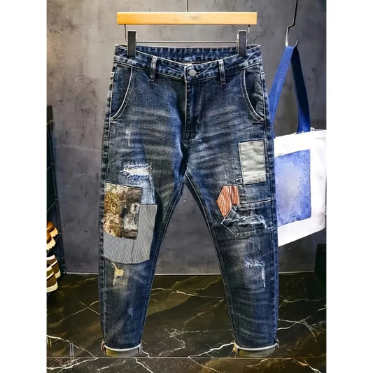 Retro Spliced jeans Men's Trendy Brand Ripped Bear Patch Loose Classic Man Pants Rhinestones Denims Tears Streetwear for Man