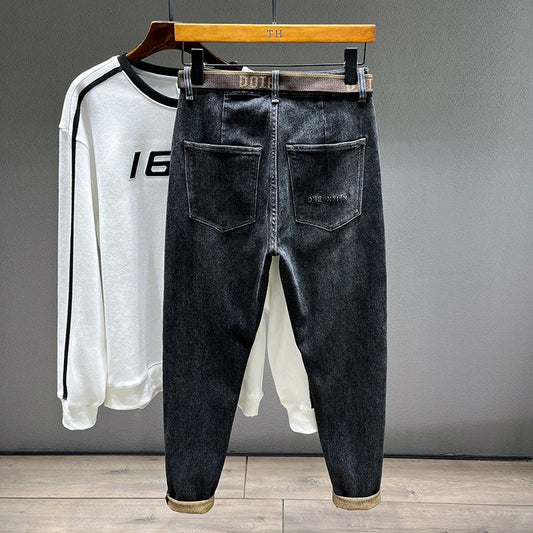 Tapered Jeans for Men's Clothing Autumn New Fashion Embroidered Korean Harem Pants Casual Stretch Black Denim Trousers