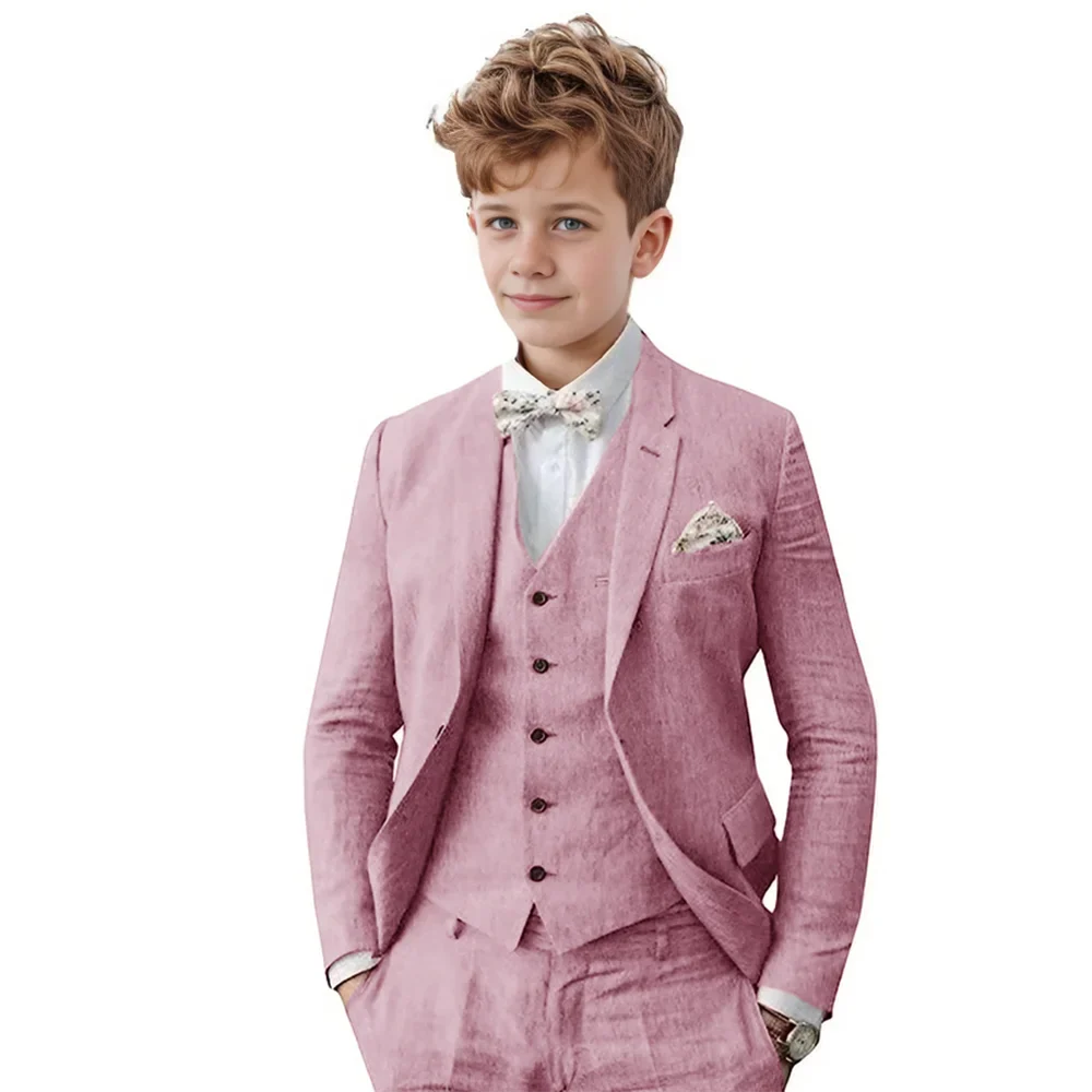 Breathable Linen Boys Suit Set 3 Pieces For Wedding Party,Notched Lapel Kids Suits Piano Performance Outfit Toddler 3-16Y