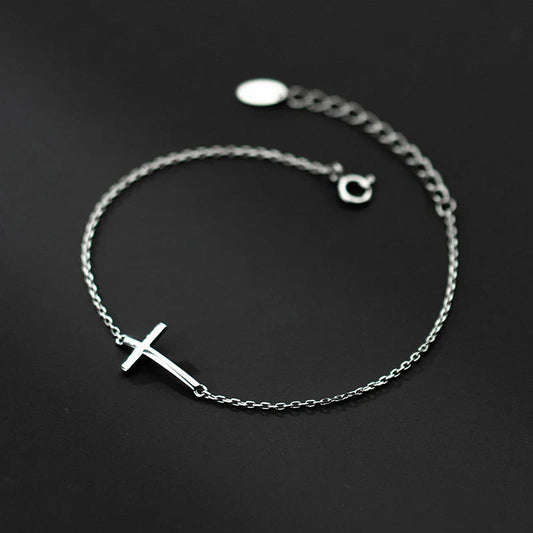 Bracelet en argent sterling 925 véritable avec croix lisse pour femme, bracelet à maillons brillants, bijou fin, cadeau de Saint-Valentin.