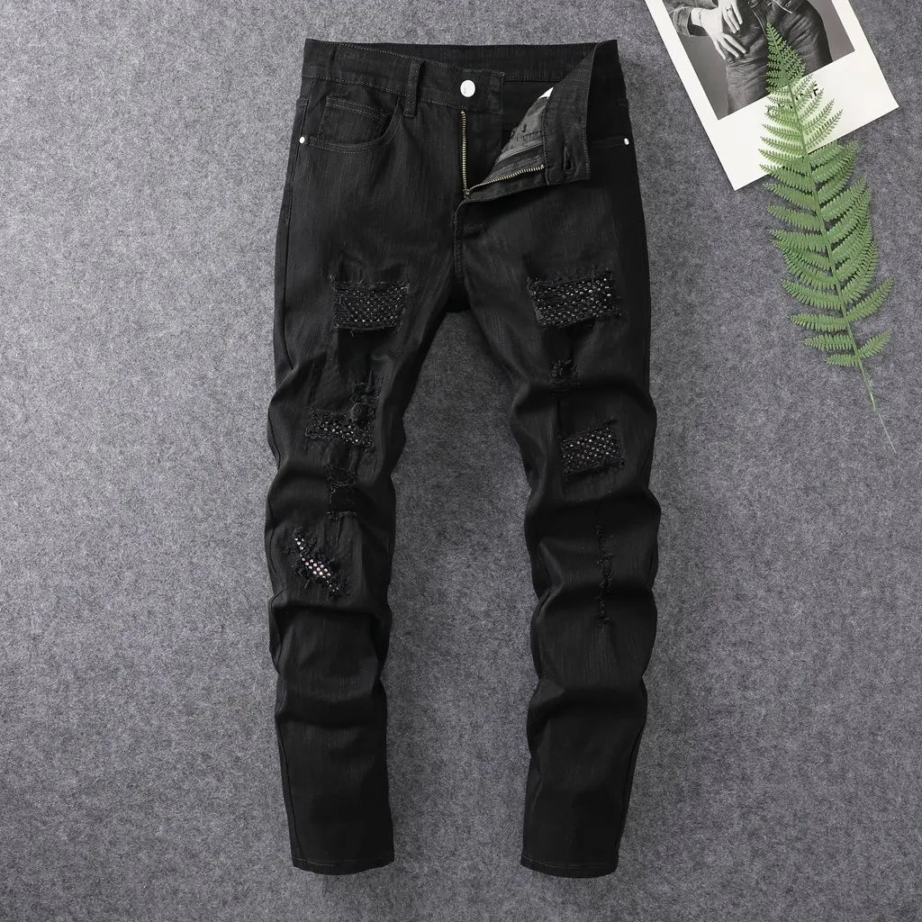 White Jeans Men's Cotton Skinny Elastic Ripped Hole Fashion Korean Denim Pants Rock Slim Trousers Hip-hop Streetwear
