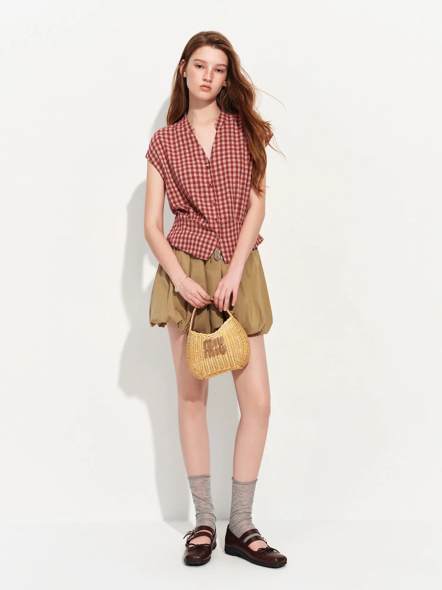 2026 Summer Women's Linen V-Neck Cap Sleeve Blouse with Plaid Print and Waist-Defining Fit - Casual Style for Daily Wear