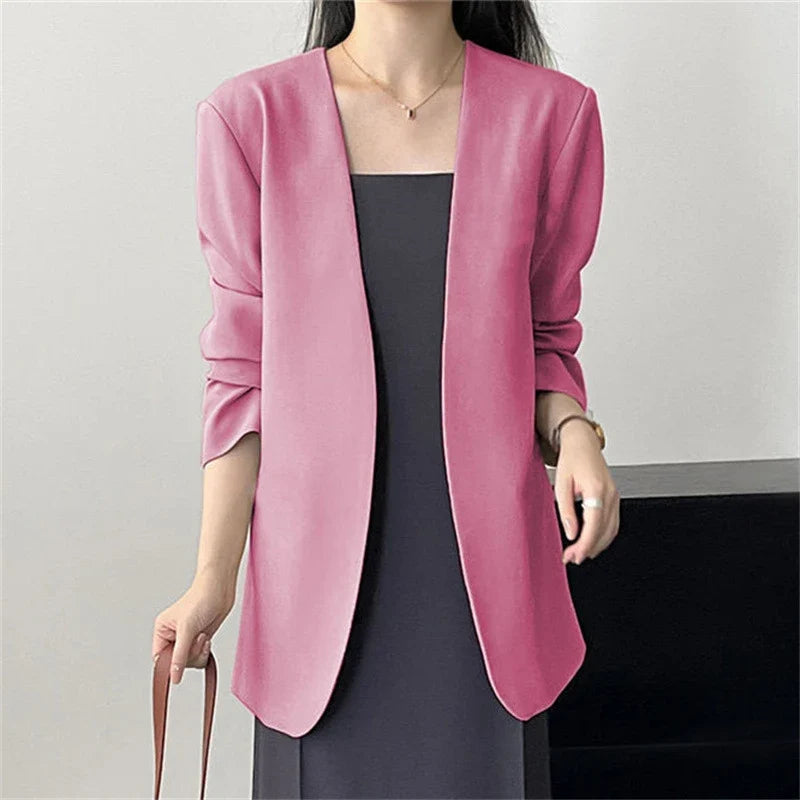 Fashion New Solid Casual Joker Women's Blazer Spring Autumn No Placket Cardigan Suit Jackets V-neck Long Sleeve 19-Color Coats