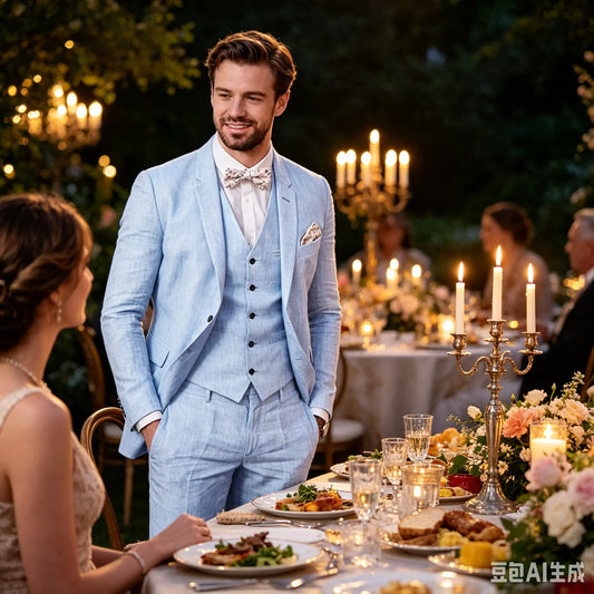 3 Piece Blue/Beige Linen Men's Slim Fit Suits Notch Lapel Blazer Summer Wedding Groom Tuxedos for Prom Party (Jacket+Vest+Pant)