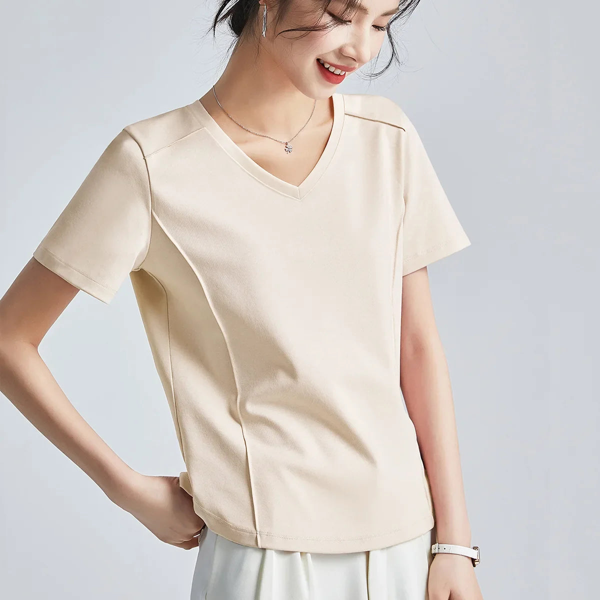 Summer Women's White Mercerized Cotton T-Shirt | 3D Stitching Round Neck Basic Top | Plus Size Slim Fit Layered Casual Blouse