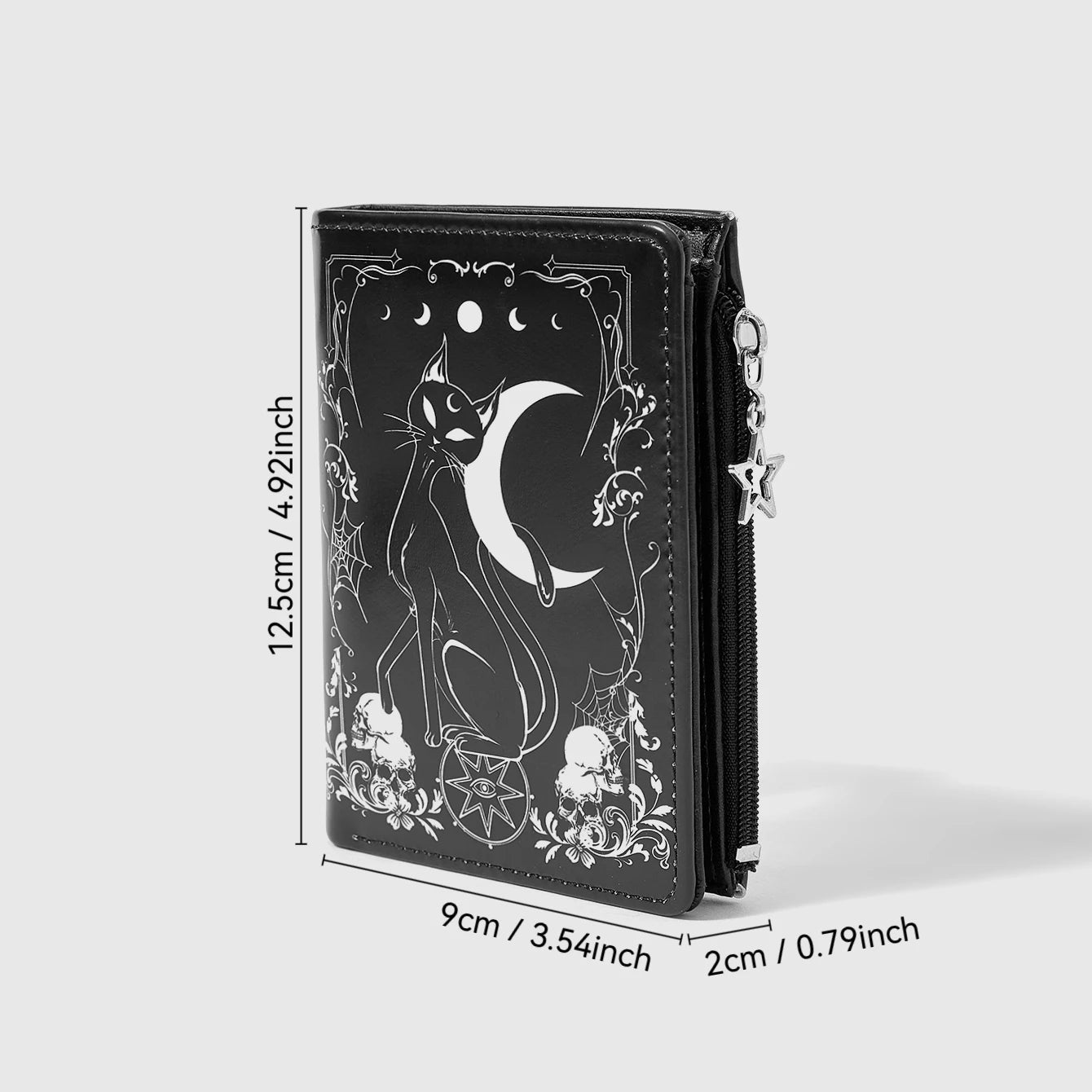 Gothic Moon & Black Cat Print Multi-Card Star Zip Short Wallet, Casual Fashion Card Holder & Coin Purse