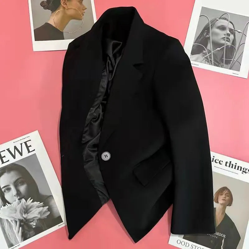 Women Fashion Single Button Blazer Vintage with Pockets Notched Neck Jacket Female Loose Version Long Sleeves Suit Outwear Tops