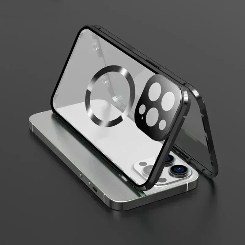 Metal Magnetic Case For Magsafe iPhone 17 Pro Max 16 15 14 13 12 Pro Max Plus Lens Protection Double Sided Glass Snap Lock Cover